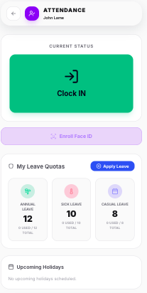 Employee attendance screen with clock-in and leave quotas