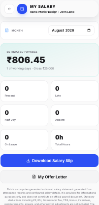 Employee salary slip screen showing estimated payable amount