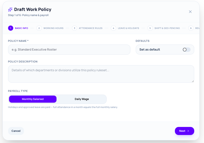 Policy wizard — Basic info & payroll