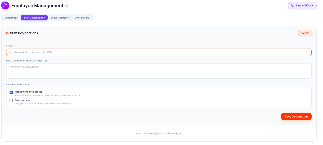 Antena staff designation screen with kiosk attendance and salary access toggles