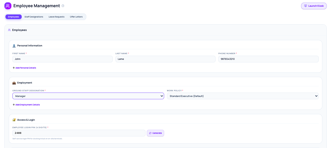 Antena employee creation screen with personal details, designation, work policy and login PIN