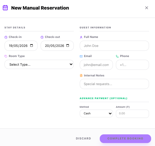 Antena guest information capture in a manual reservation